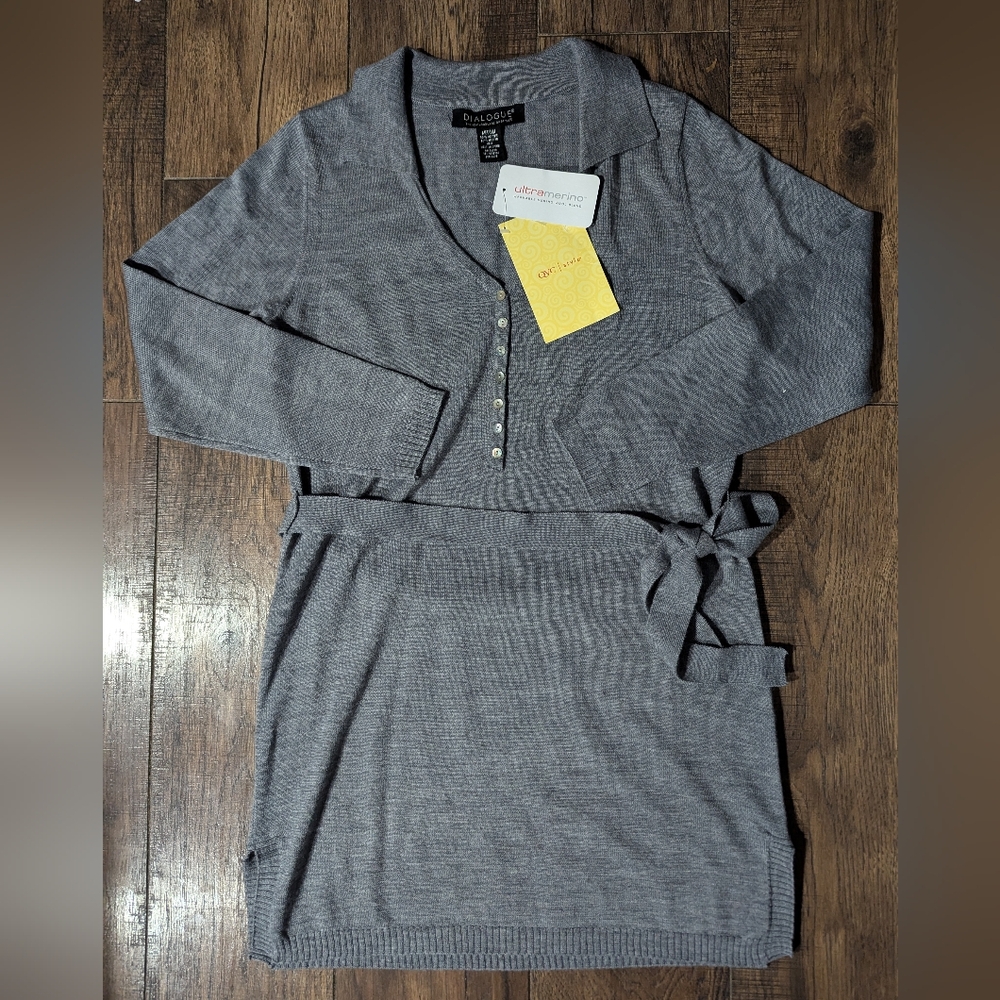 Dialogue QVC Wool Blend Gray Sweater Dress w/ Waist Tie Collared Size Med NWT